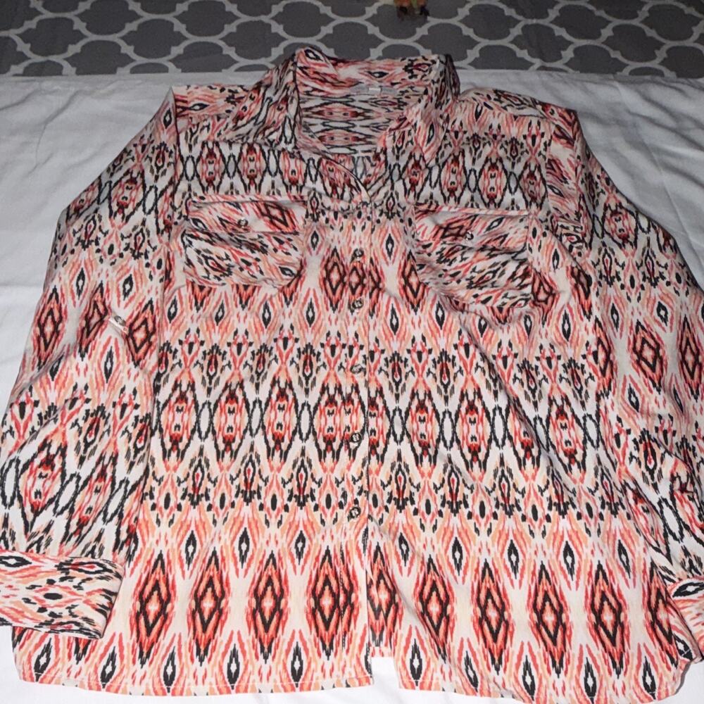 Notations Women’s Large Ikat Print Button Front Shirt Roll Tab Sleeve Blouse